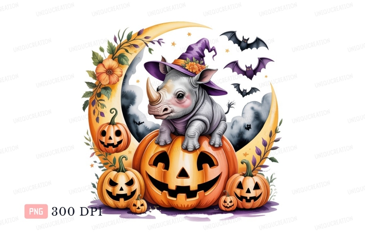 Baby rhino witch on pumpkin moon image