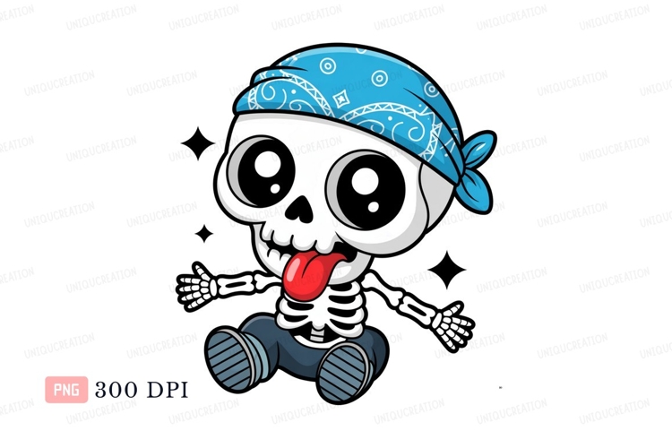 Cartoon skeleton with blue bandana sticking tongue out example image 1