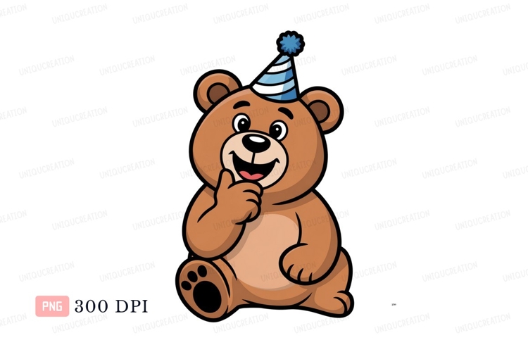 Happy bear wearing party hat blue white example image 1