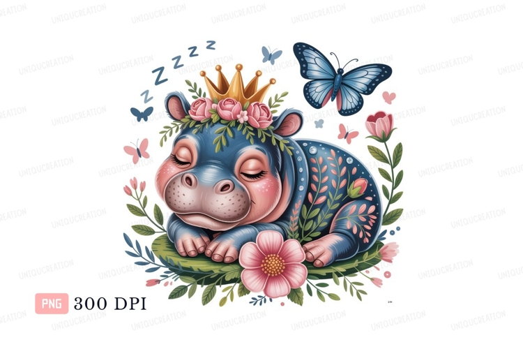 Sleeping hippo wearing crown and flowers butterflies example image 1