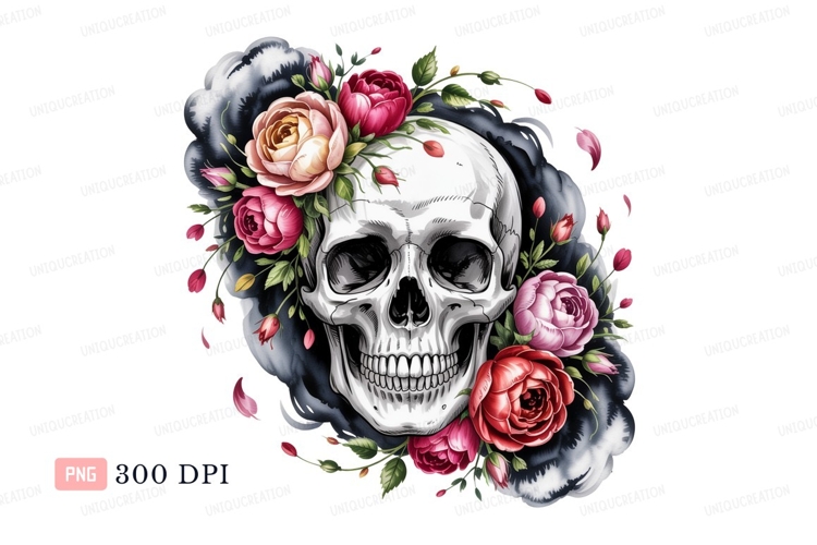 Skull adorned with roses flowers pink example image 1
