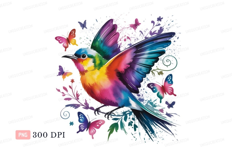 Colorful bird surrounded by butterflies butterfly rainbow