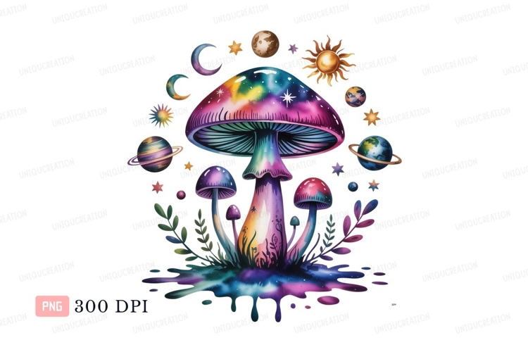 Cosmic mushroom celestial garden galaxy planets