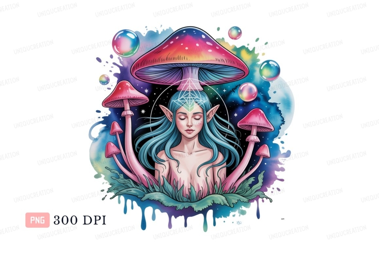 Ethereal elf surrounded by psychedelic mushrooms fantasy