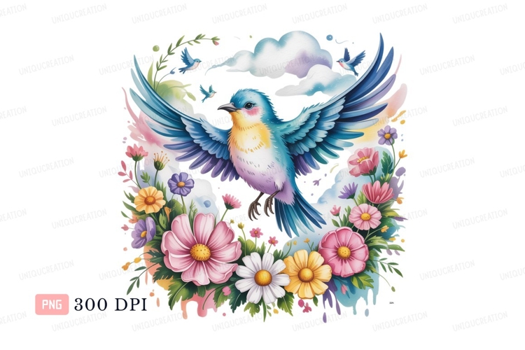 Blue bird flying among colorful flowers and clouds