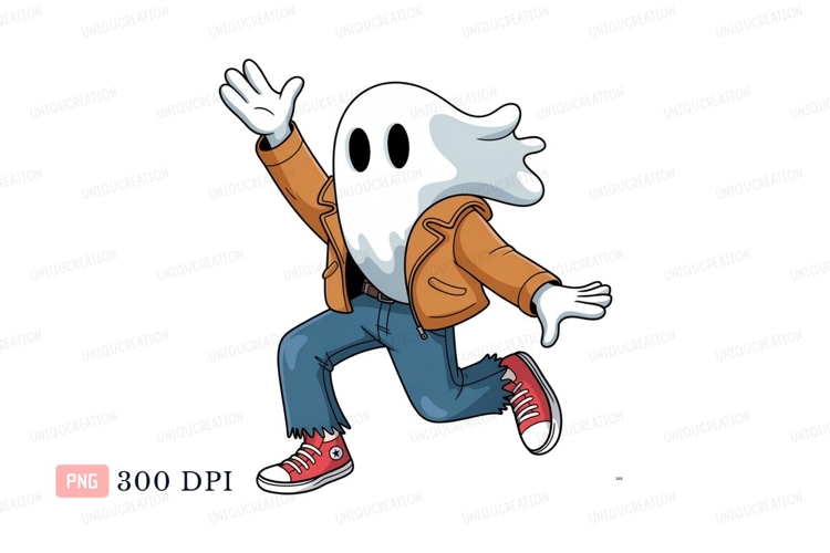 Ghost character wearing jacket jeans sneakers white