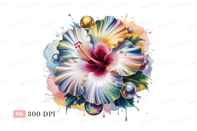 Colorful hibiscus flower with iridescent bubbles image