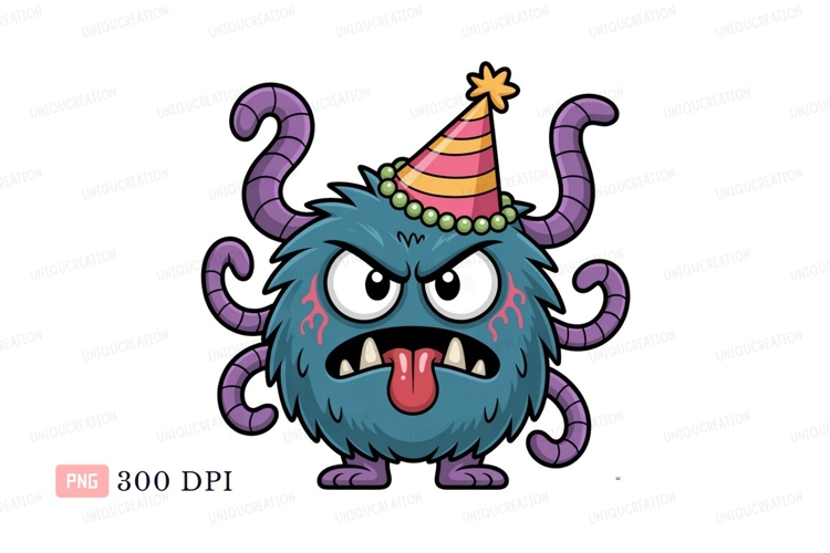 Fluffy monster wearing party hat blue purple