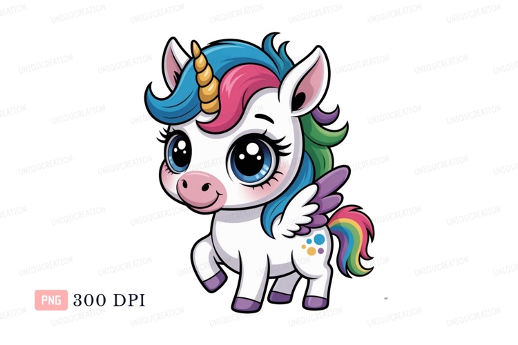 Cute cartoon unicorn with rainbow mane and tail fantasy