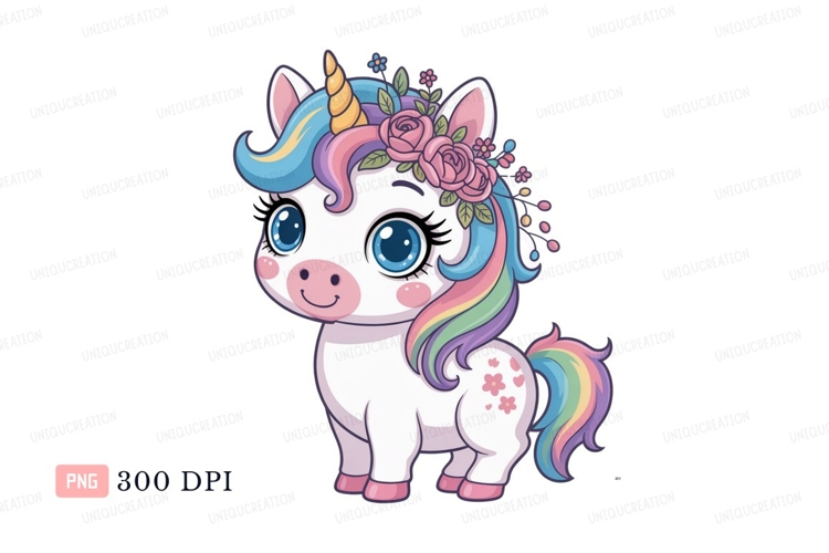 Cute unicorn with rainbow mane and floral crown tail