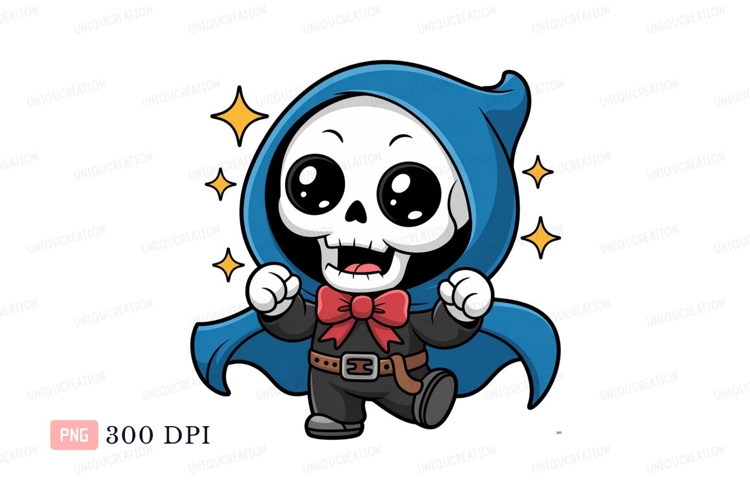 Cute grim reaper with blue cloak and red bow image