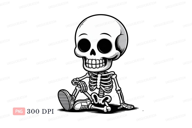 Cute cartoon skeleton sitting bone white example image 1