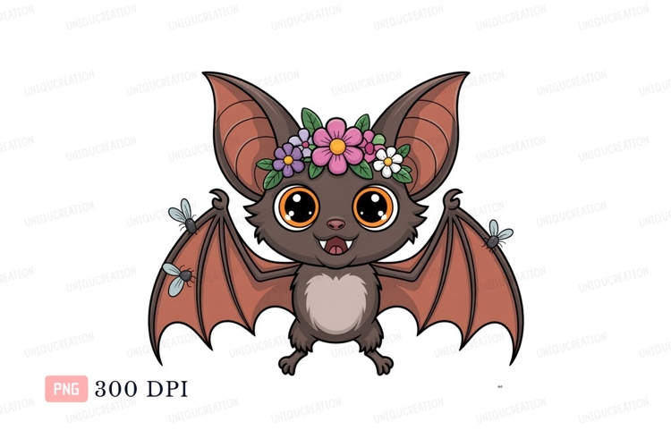 Cute bat wearing flower crown with flies animal cartoon example image 1