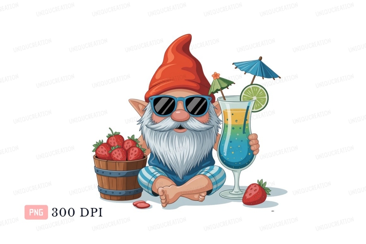 Gnome enjoying summer drink with strawberries vacation example image 1
