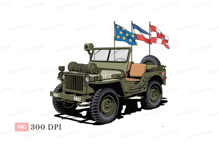 Olive green military jeep with flags vehicle example image 1