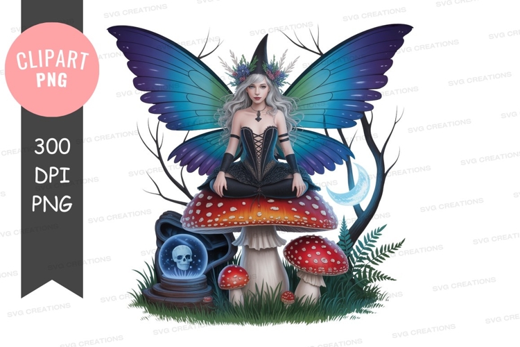Fairy witch sitting on mushroom wings moon