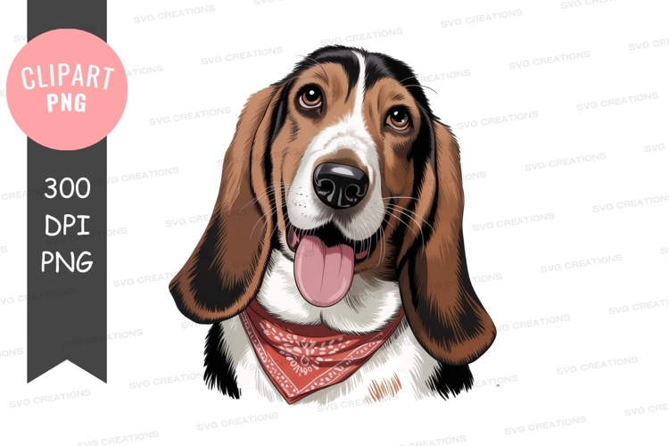 Happy basset hound wearing red bandana canine