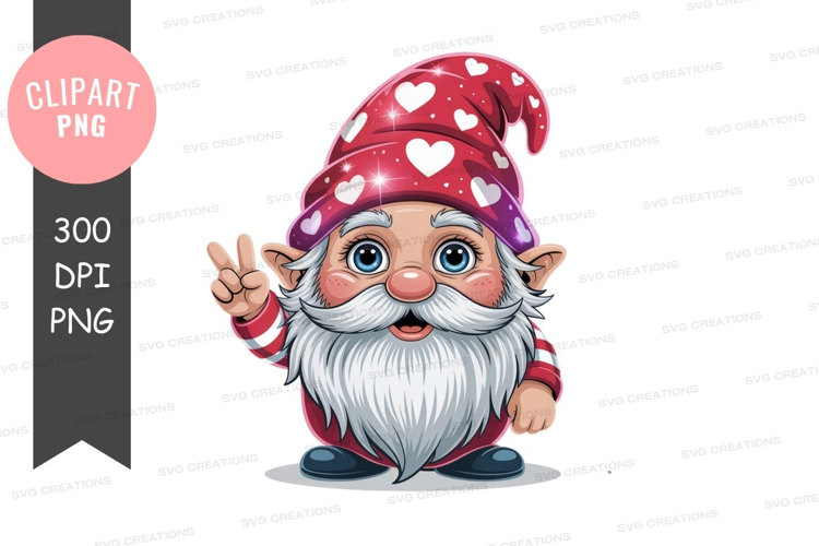 Cheerful gnome hearts peace sign white blue