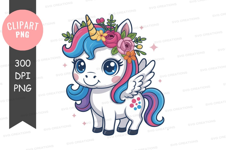 Cute winged unicorn with floral crown fantasy