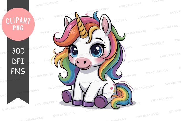 Adorable rainbow unicorn with big blue eyes cute fantasy
