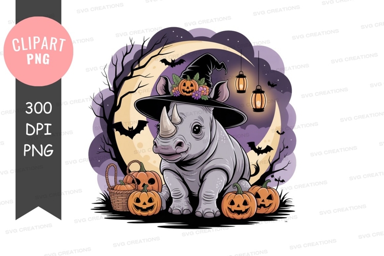 Baby rhino wearing witch hat with pumpkins and bats