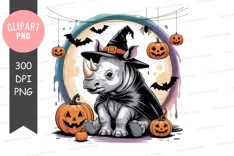 Rhino witch hat pumpkins moon halloween