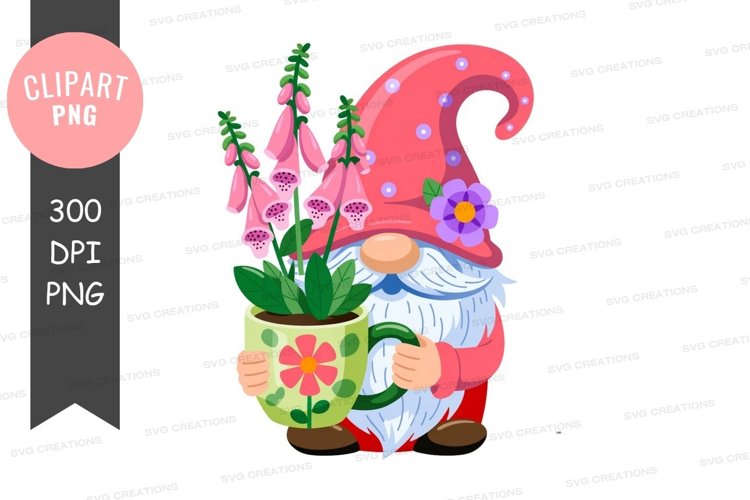 Purple gnome holding bucket of berries with flowers