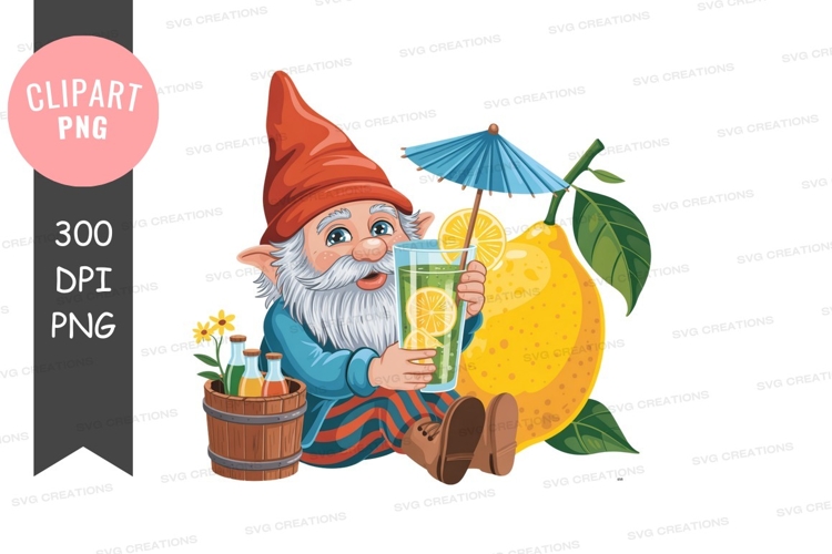 Cheerful gnome holding flower and suitcase garden travel