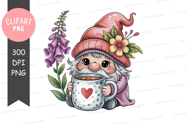 Cute gnome holding coffee cup with flower image