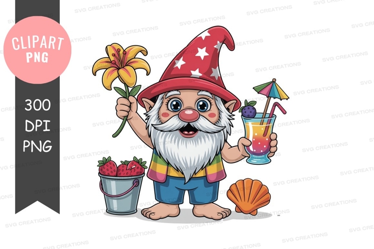 Cheerful gnome holding flower and drink cocktail strawberry