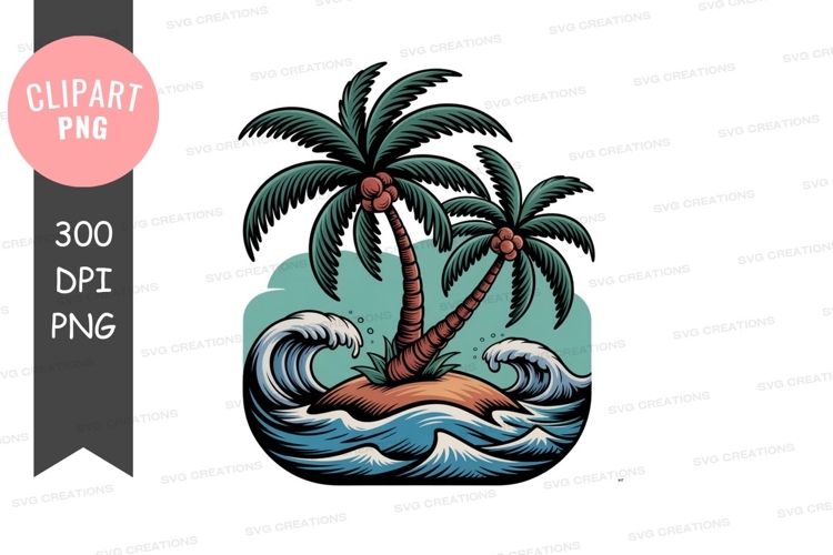 Purple gnome holding bucket Tropical island palm trees ocean