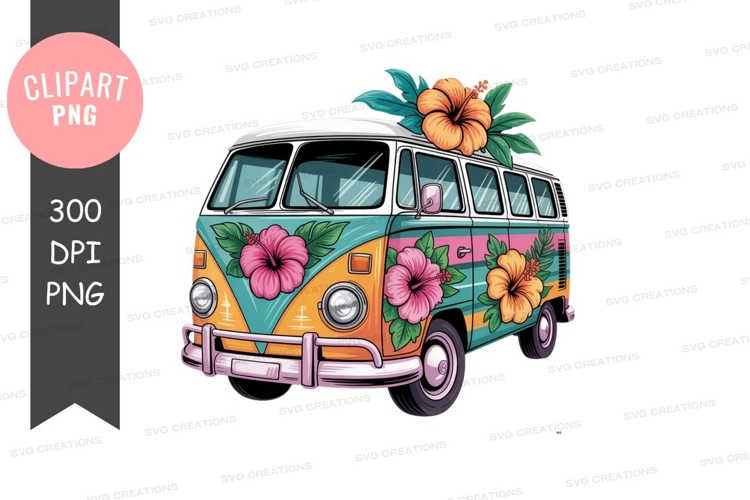Colorful flower decorated vintage van vehicle flowers