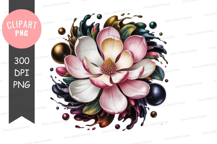 Pink white magnolia flower with liquid splashes yellow