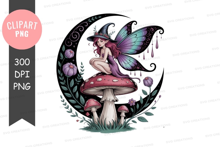Fairy witch on mushroom with purple flowers pink