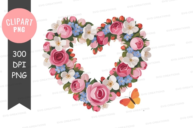 Heart shaped floral wreath with butterfly pink white