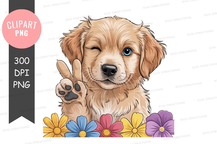 Golden puppy peace sign flowers animal