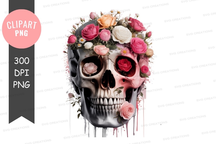 Skull adorned with roses flowers pink