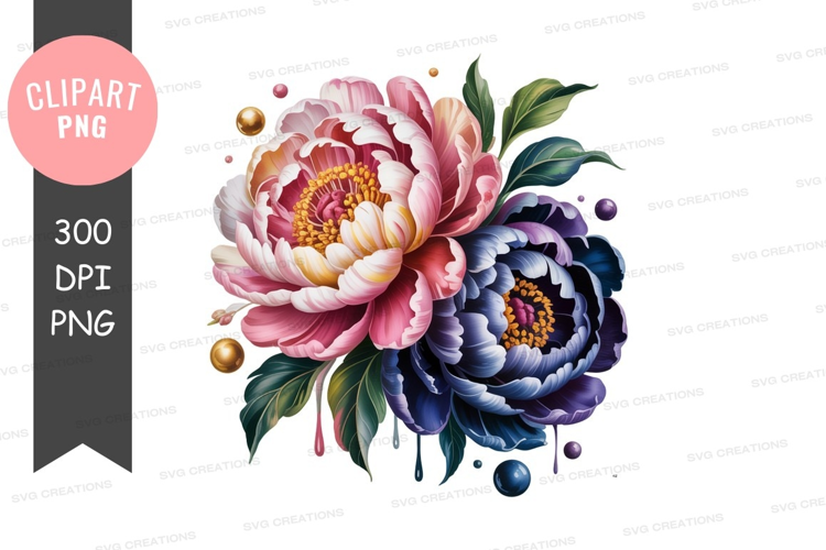 Pink and purple peonies with golden spheres image