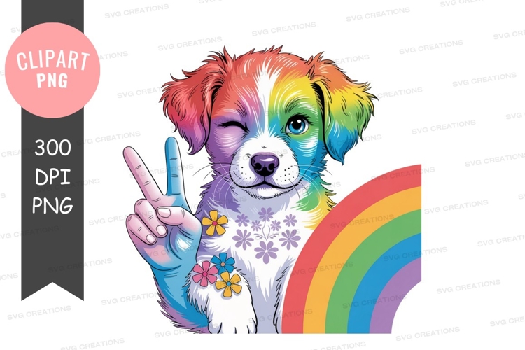 Rainbow puppy peace sign flowers