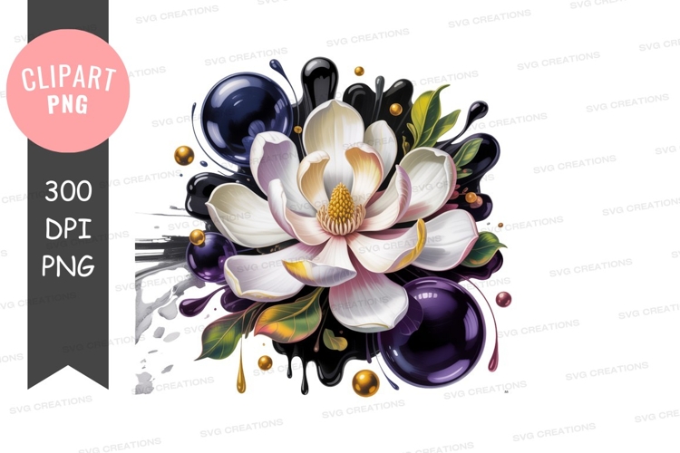 White magnolia bloom with dark liquid accents flower