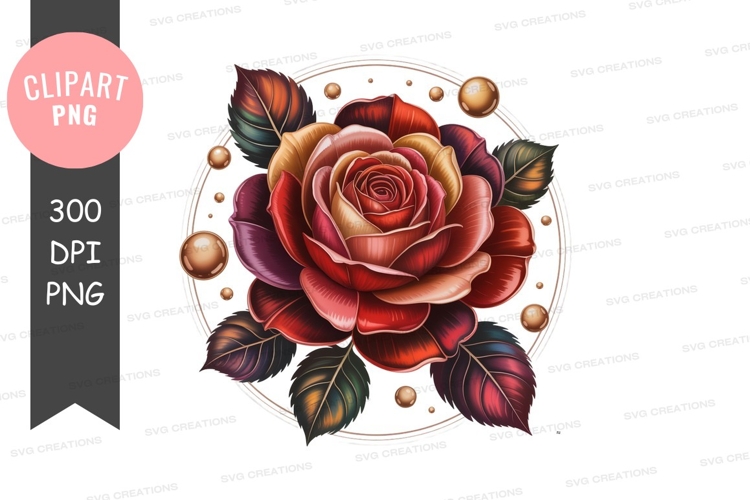 Vibrant rose surrounded by golden spheres and leaves