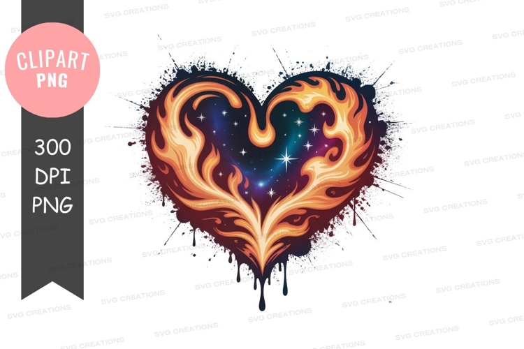 Fiery cosmic heart with celestial glow fire flames