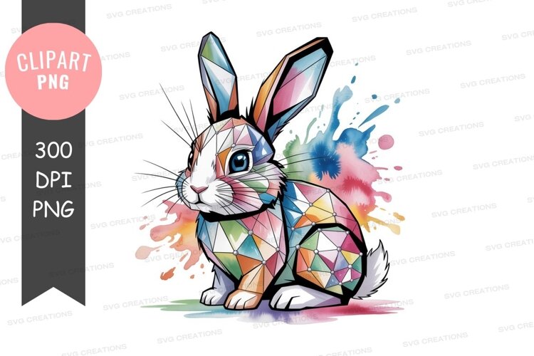 Geometric rabbit colorful watercolor splashes image example image 1