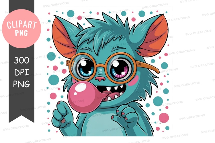 Blue monster blowing pink bubblegum glasses