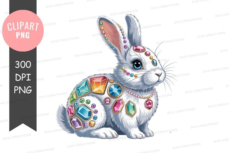 White rabbit adorned with colorful gemstones jewels example image 1