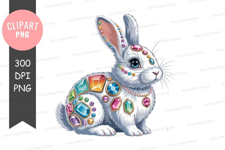 White rabbit adorned with colorful gemstones jewels