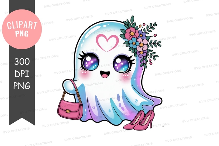 Cute ghost with flowers purse and heels kawaii