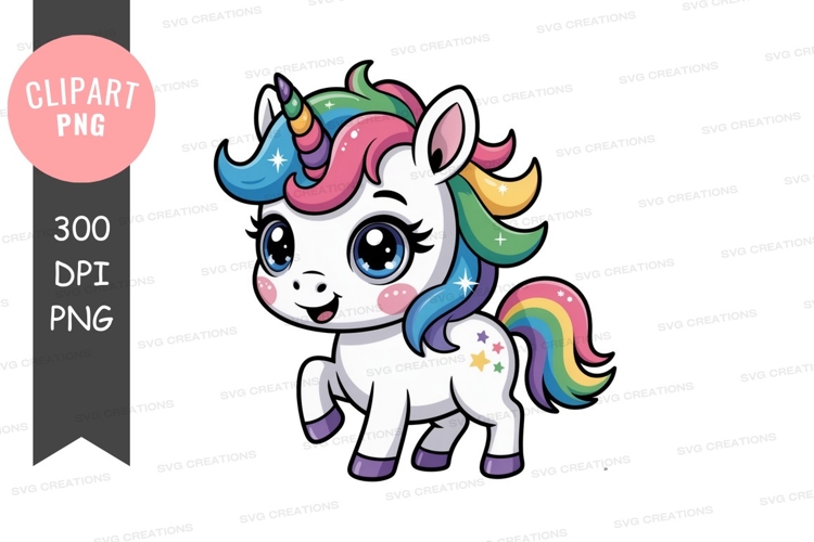 Adorable cartoon unicorn with rainbow mane cute fantasy