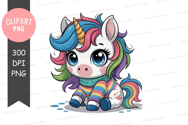 Cute colorful unicorn wearing sweater cartoon fantasy