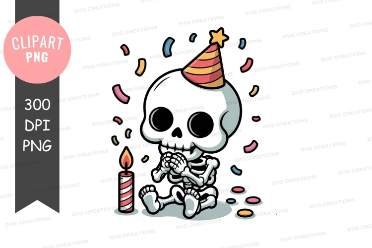 Skeleton celebrating birthday with confetti and candle